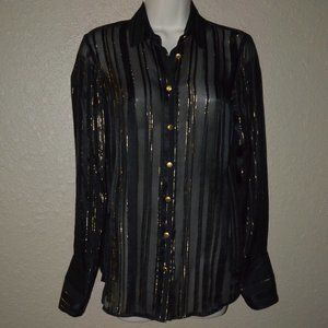 $325 Sz XS Frame Black Sheer Gold Metallic Pinstripes Long Sleeve Blouse